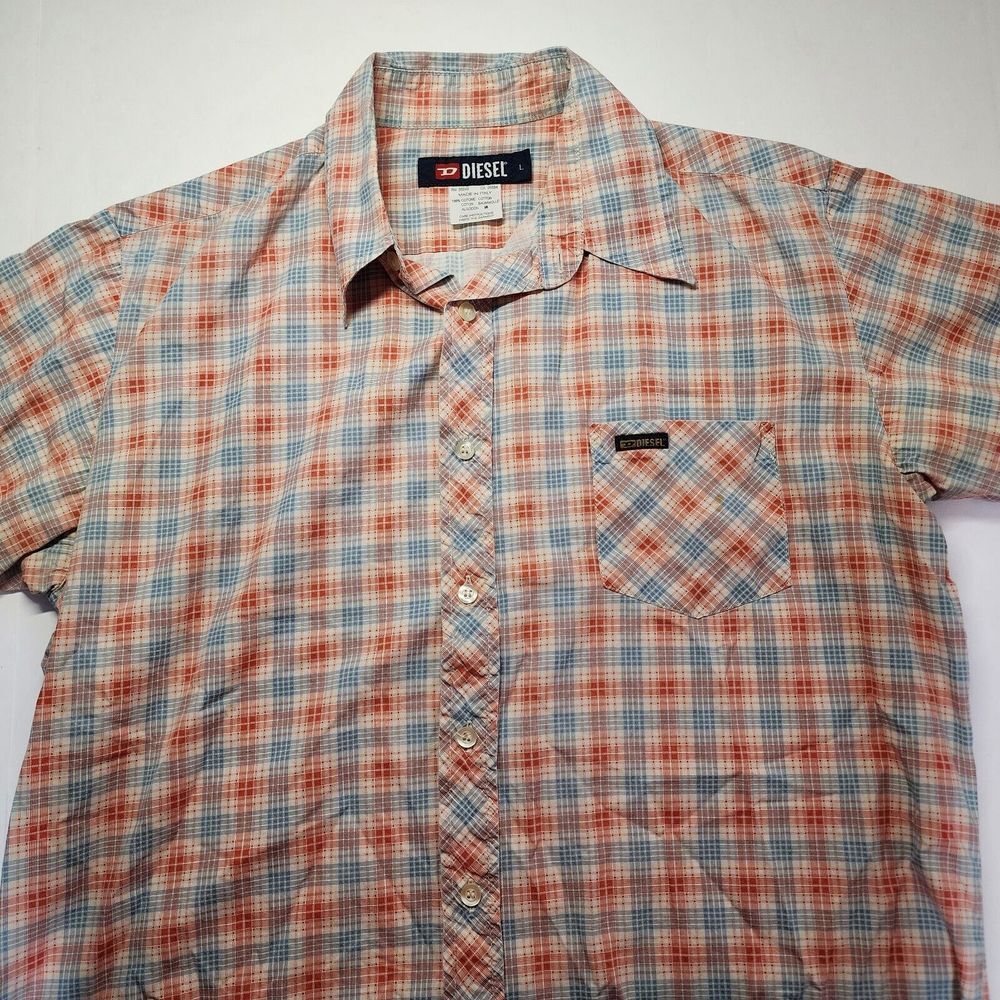 Diesel Men's Casual Button Down Shirt - Blue and Orange Plaid